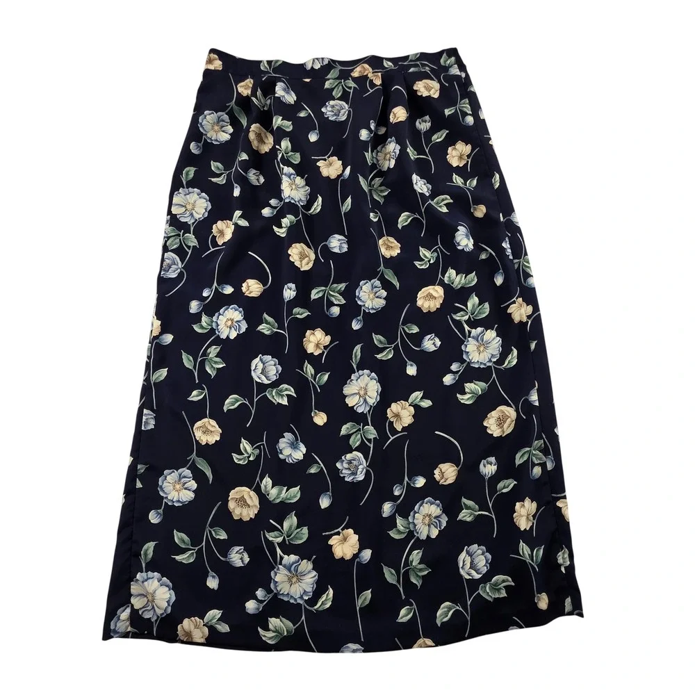 Floral Midi Skirt Elastic Waist Navy Blue Vintage 34 Large Cottagecore Spring